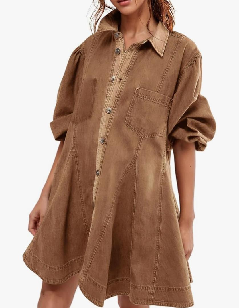 Gozoloma Women's Denim Dress Long Balloon Sleeves Button Down A Line Swing Ruffle Jean Mini Babydoll Dress with Chest Pocket Size XS