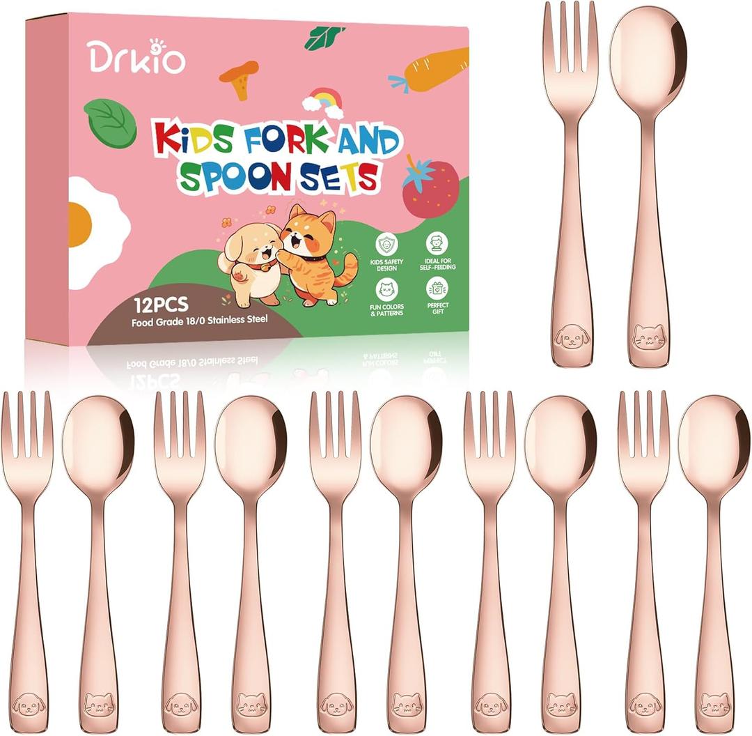 DRKIO Stainless Steel Toddler Utensils Set - 12 Pieces Kids Silverware Set Children Safe Food Grade Small Forks and Spoons Dishwasher Safe Mirror Polished (Rose Gold)