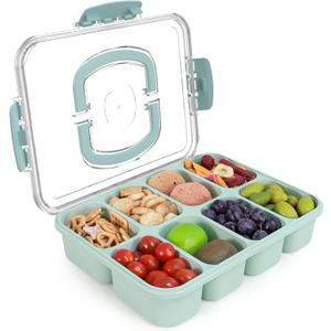 Snackle Box Container, Large 8-Compartment Divided Serving Tray with Lid and Handle, Portable Snack Tray for Travel Party Beach Picnic, Dishwasher Safe, BPA-Free, Wheat Straw