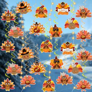 2 x 33Pcs Thanksgiving Decorations Hanging Swirls Turkey Hanging Decorations with Lights for Thanksgiving Party Home Office Classroom Indoor Decor