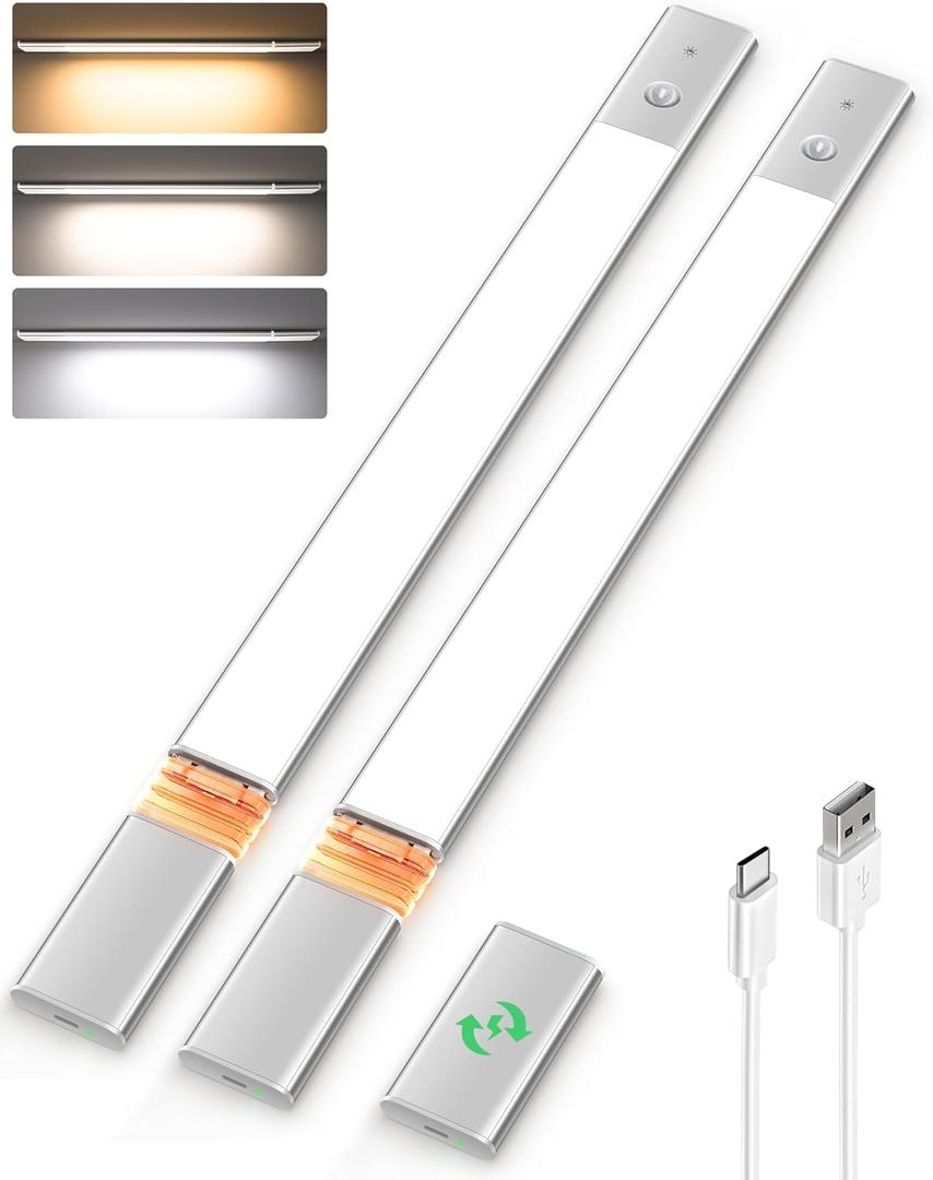 EZVALO Under Cabinet Lighting, 2-Pack Motion Sensor Lights with 3 Detachable Batteries, 76 LED Dimmable Closet Lights, 3 Color Temps, Under Counter Lights for Kitchen, Wardrobe, Pantry (2pcs+1 battery, Silver)