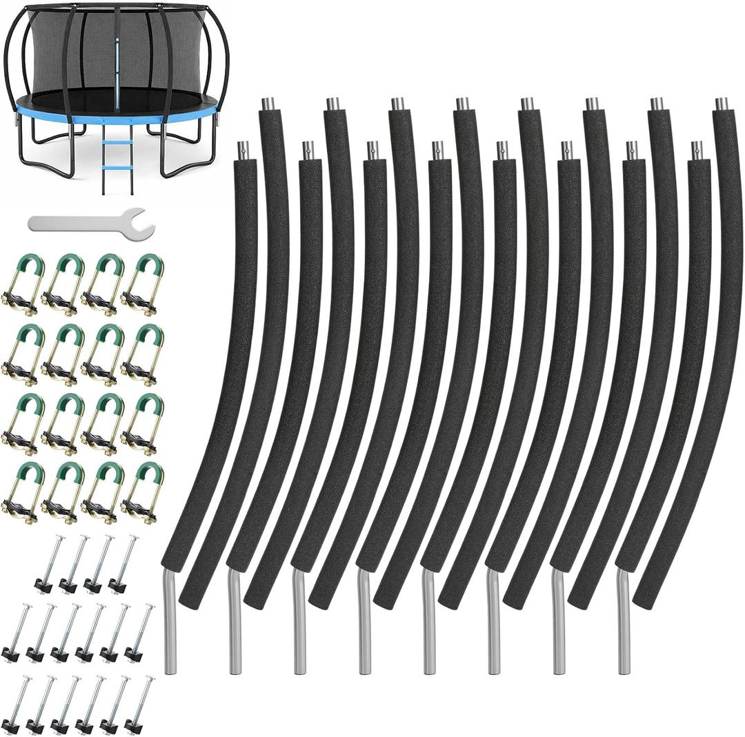 Trampoline Poles Replacement, Fit for 8-16ft Frame, Universal Curved Enclosure Net Pole, Includes Mounting Hardware & Foam Cover, 2 Installation Options