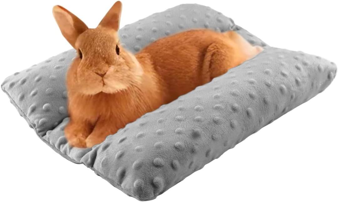 Rabbit Bed with Pillows, 16 x 14 Inches - Thickened Plush Mat Washable Indoor Cage Sleeping Lounger Pad for Bunnies, Guinea Pigs & More Small Pets (Medium gray)