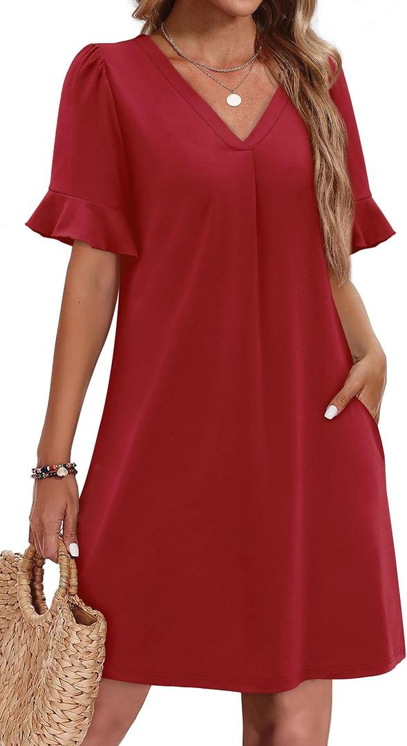 OFEEFAN Summer Dresses for Women Ruffle Short Sleeve V Neck Casual Shift Dress with Pockets, Size: XX-Large