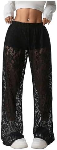 SOLY HUX Women's Lace Sheer Wide Leg Pants Elastic Waist See Through Party Trousers L