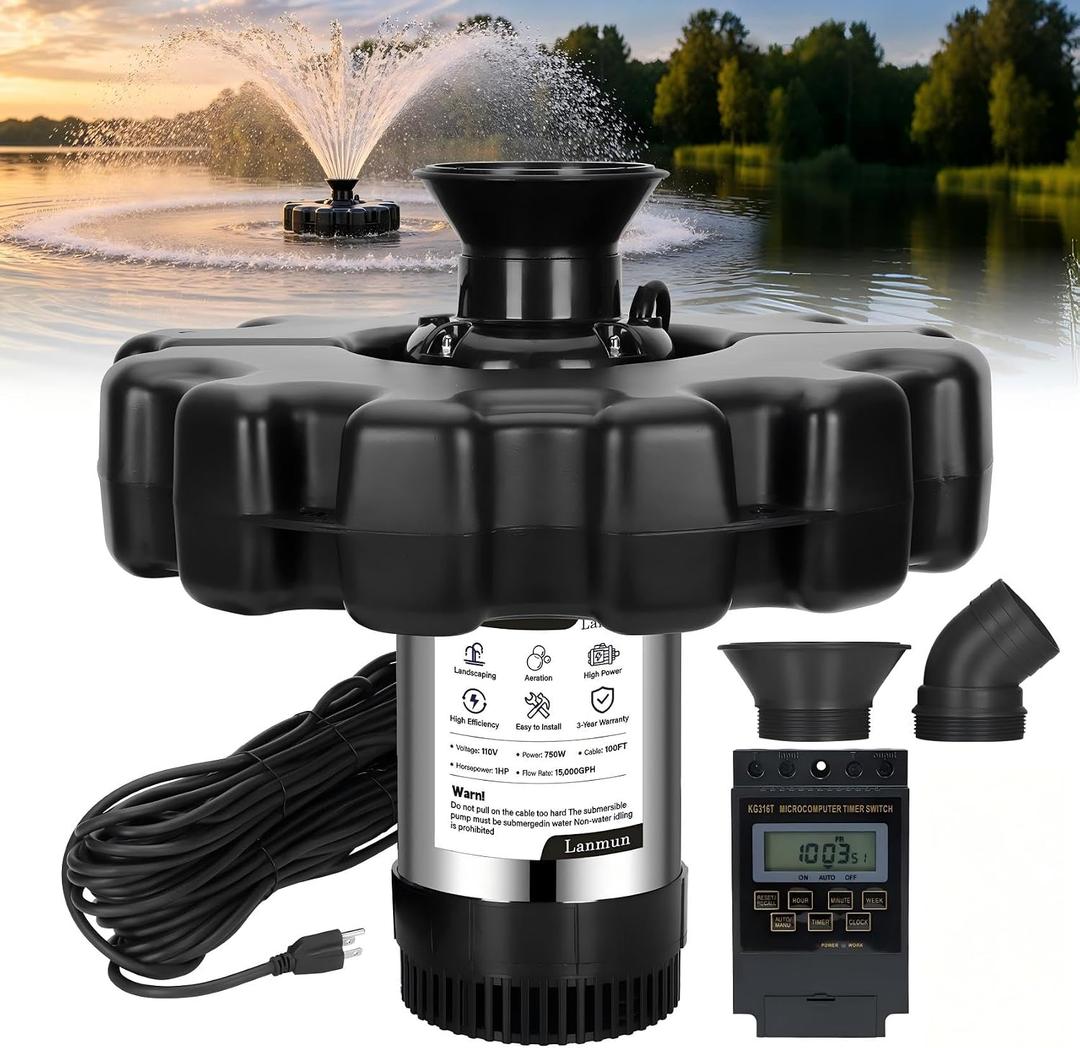 Pond Fountain Aerator, 1HP 110V 750W 15000 GPH Fountain Pump with Timer, Fully Automatic Lake Floating Fountain, 100 FT Power Cord, Pond Fountains for Small Large Ponds Lake