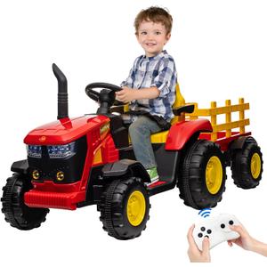 Kids Ride on Tractor with Remote Control, 12V Battery Powered Electric Tractor and 35W Dual Motors for Kids Bluetooth Music/USB, 3-Gear-Shift, Safety Belt, 7-LED Lights, Scarlet (Normal)