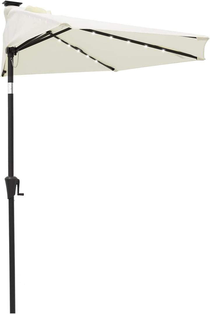 Helios&Hestia 9 ft Small Half Round Solar Powered Wall Outdoor Market Patio Umbrella with LED Lights and Tilt for Garden, Deck, Balcony, Ivory