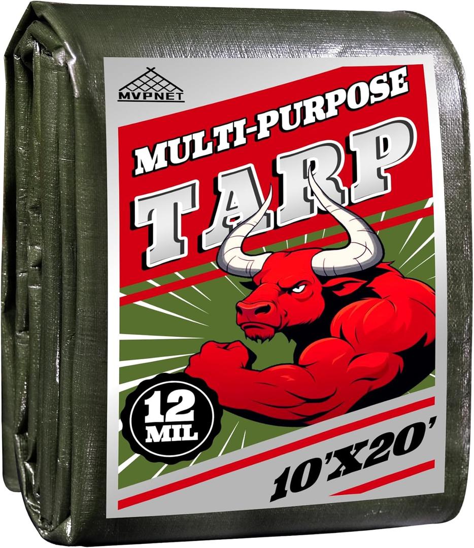 12mil Heavy Duty Waterproof Tarp 10x20FT, Extra Thick Polyethylene Cover in Green/Silver, UV Resistant & Tear Proof with Metal Grommets for All Weather Outdoor Use