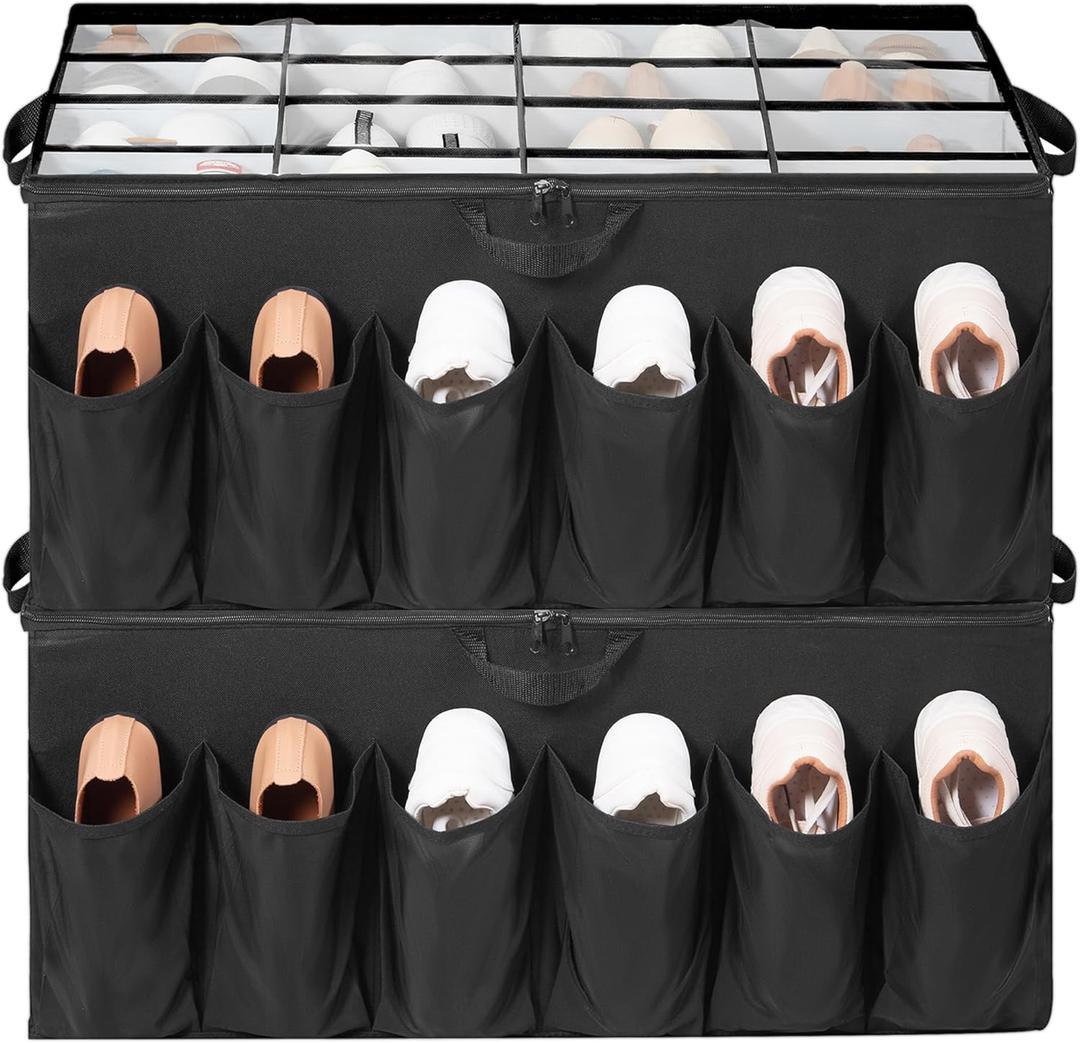 Shoe Organizer for Closet, Shoe Storage Solution with Clear Cover & Adjustable Dividers, Fabric Shoe Box Fits 16 +12 Pairs Shoes, Black, 2-Pack