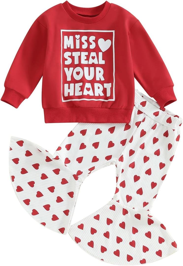 Toddler Baby Girl Valentines Outfit Daddy 's Valentine Crewneck Sweatshirt Shirts Flare Pant Valentines Clothes (12-18 Months, Red - Miss. Steal Your Heart)
