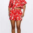 WDIRARA Women's 2 Piece Floral Print Set Short Sleeve Button Down Blouse and Drawstring Shorts Outfits (XL)