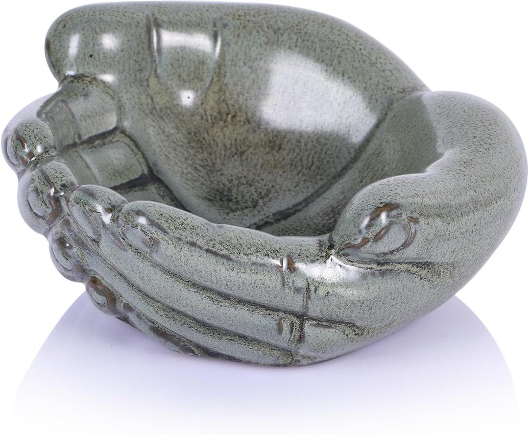Ceramic Hands Bowl Dish Sculpture, Giving Hands Candy Holder for Succulent Planter, Crystal Rock Holder, Office, Keys Bowl for Entryway Table (Vintage Green)