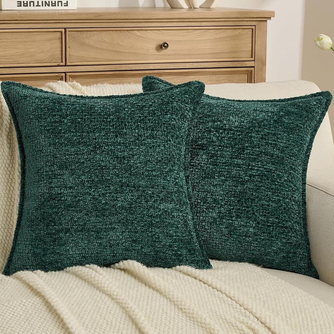FUTEI Pack of 2 Solid Chenille Throw Pillow Covers 20x20 Inch Soft Grainy Textured Decorative Cushion Cases Modern Farmhouse Accent for Couch Bed Living Room, Teal