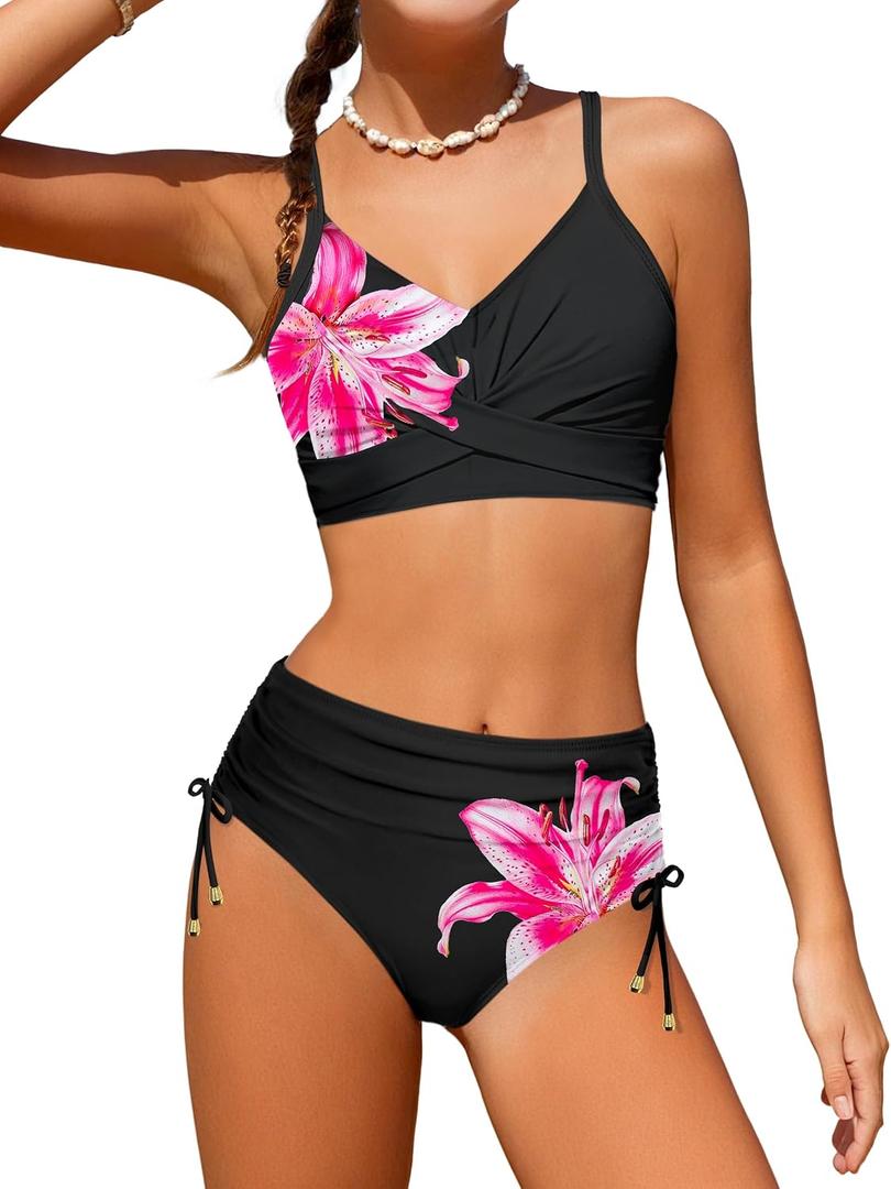 Teen Girls Swimsuits V-Neck Bikini Set Bathing Suits Cross Straps Two Piece Swimwear with Drawstring,15-16 Y