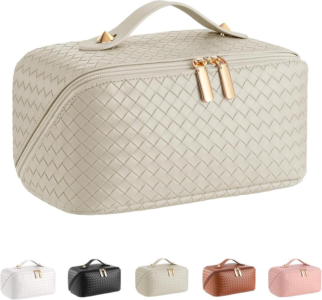 Large Capacity Travel Cosmetic Bag - Portable Makeup Bags for Women Waterproof PU Leather Checkered Makeup Organizer Bag with Dividers and Handle,Toiletry Bag for Cosmetics (Medium, woven-khaki)