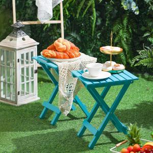 2 Pcs Small Folding Patio Side Table Outdoor Wood Wooden Small End Portable Plant Little Table for Garden Yard Porch Living Room Space Pool 11.4x11x14 inch (Turquoise)