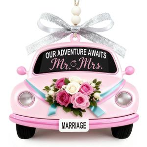 2 x Valentines Day Gift for Newlyweds  Our Adventure Awaits Wooden Car Ornament, Romantic Keepsake for Wedding Couples, Bridal Shower or First Valentine Engaged (Pink)