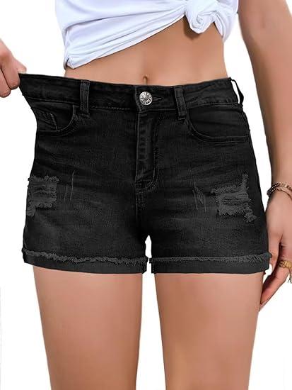 FEKOAFE Jean Shorts Womens 2025 Summer Denim Shorts for Women Comfy Stretchy Hot Shorts Rolled Up Distressed Jeans Black XX-Large