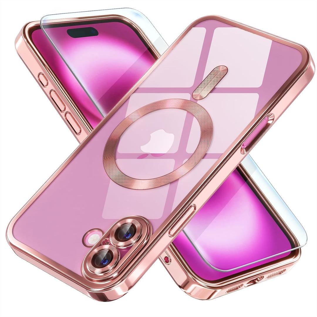 Misea Magnetic for iPhone 16 Case Compatible with MagSafe [Never Yellowing] [Military Grade Drop Protection] Full Camera Lens Protector Plating Soft Clear Phone Case for Women 6.1 inch, Pink