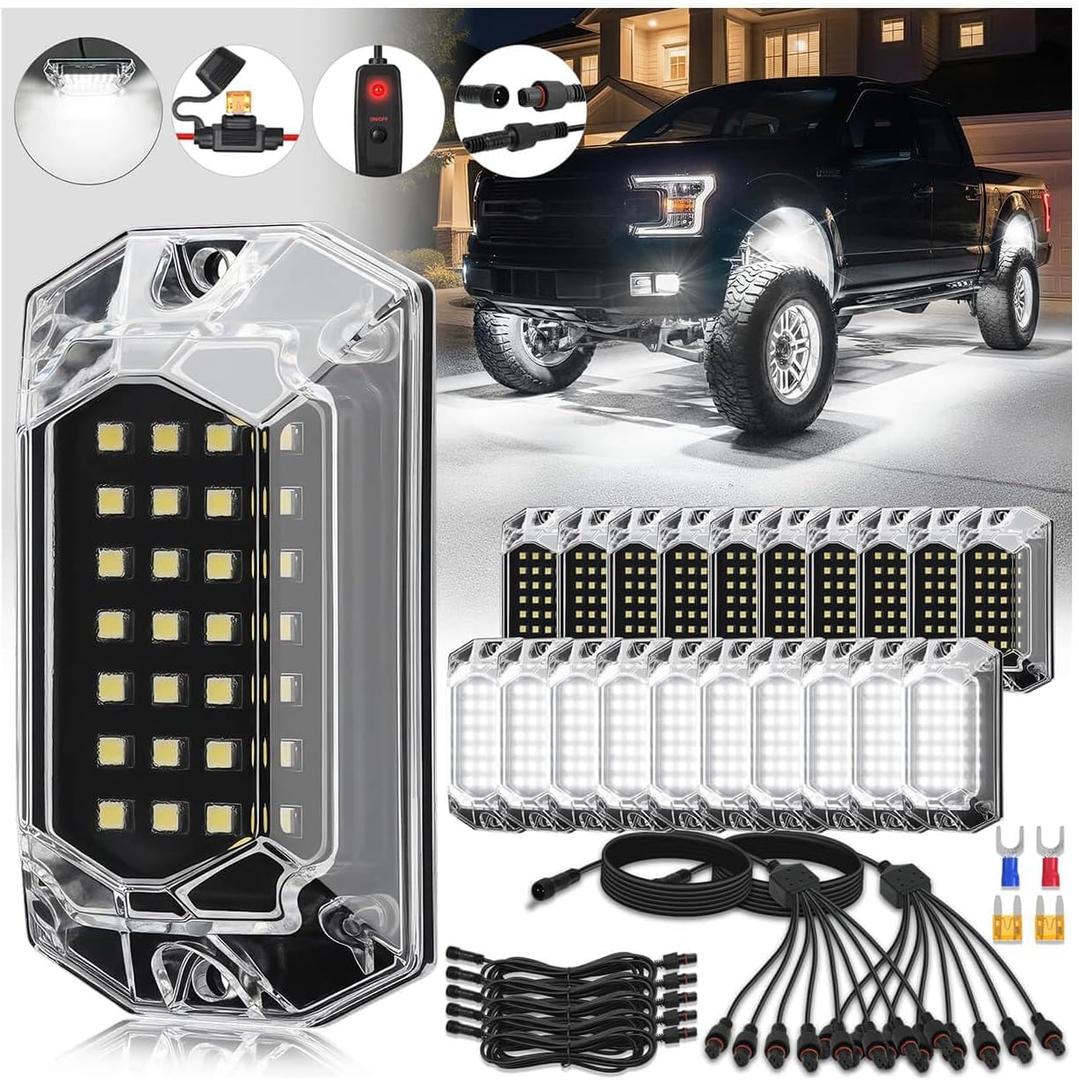 20Pods Full Angle All Pure White LED Rock Lights Full Kit Plug and Play & Pre Wired 6500K with Switch Harness Wiring Extension Fuse, 560Chips Waterproof Underglow 12V for Semi Trucks Pickup Offroad
