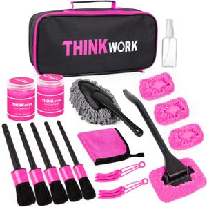 THINKWORK Pink Car Duster Interior Kit, Perfect Car Detailing Brush Kit for Cleaning Windows,Windshield,Dashboard and Air Vents Suitable for All Cars