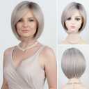 RENERSHOW Grey Bob Short Wigs for White Women Ombre Gray Bob Wig with Bangs Straight Bob Haircuts Heat Synthetic Wigs for Old Lady Average Size Wig