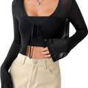 SHENHE Women's Mesh Sheer V Neck Tie Front Long Sleeve Solid Crop Cardigan (Small, Black)