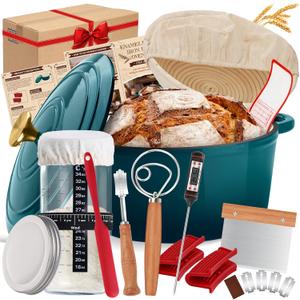 Enameled Cast Iron Dutch Oven Pot with Lid, Incl. Sourdough Bread Baking Supplies Like Banneton Bread Proofing Basket, Starter Jar, Scoring Tool Lame, 5QT Dutch Oven for Bread Baking, Oven Safe up to 500F (Green)