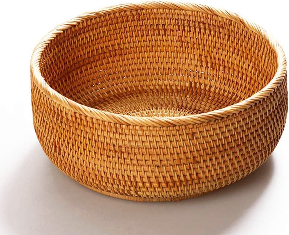 Hadewoven Round Rattan Fruit Basket Wicker Food Tray Weaving Storage Holder Dinning Room Bowl, 10 Inch Woven Bread Basket Key Bowls with 4Wall for Table, Countertop, Large 9.8", Beige 