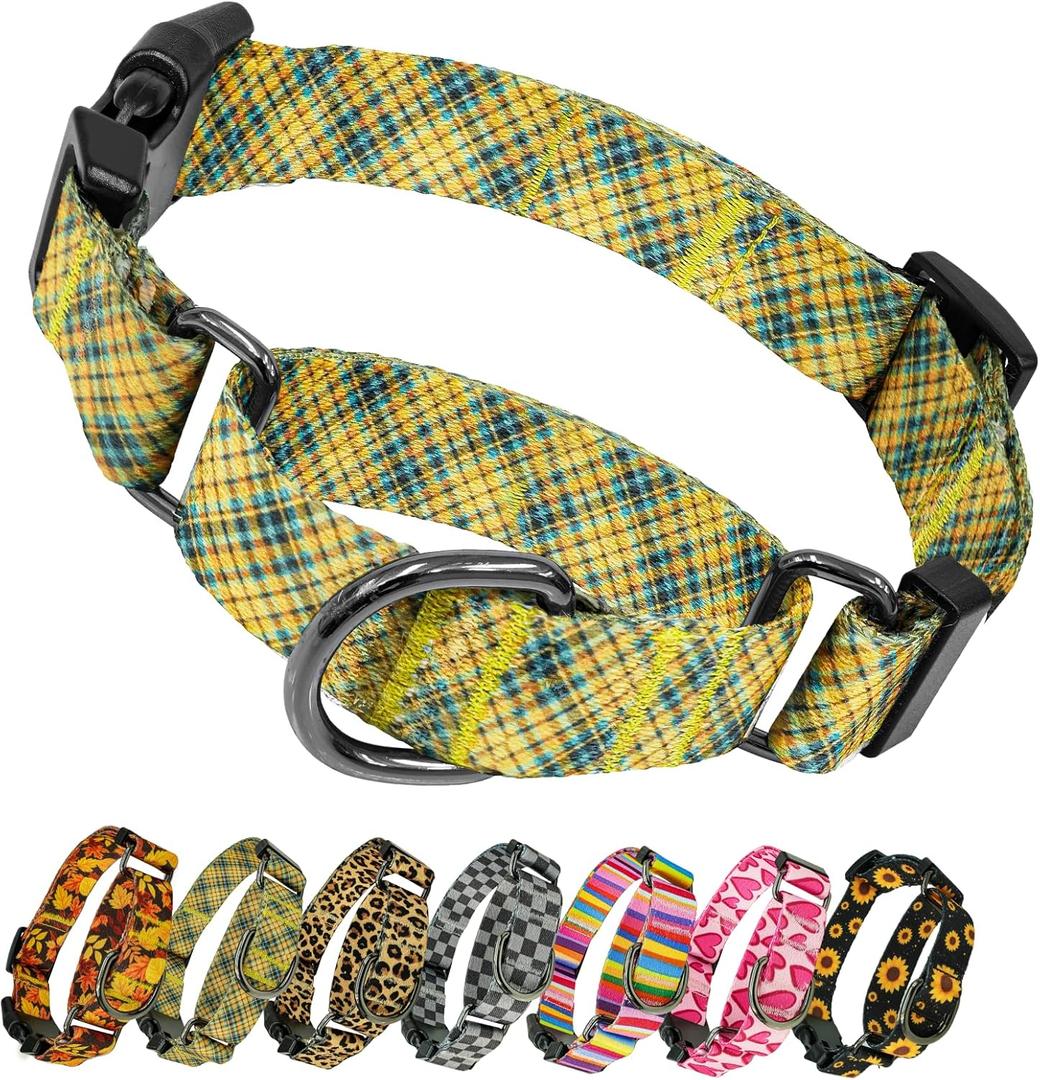 Kazazoo Martingale Collar for Dogs with Quick Release Buckle Adjustable Soft Durable Dog Collar for Small Medium Large No Pull Training Dog Collars-Yellow&Blue Plaid M (M:1" Wide for 13.4"-16.5" Neck)