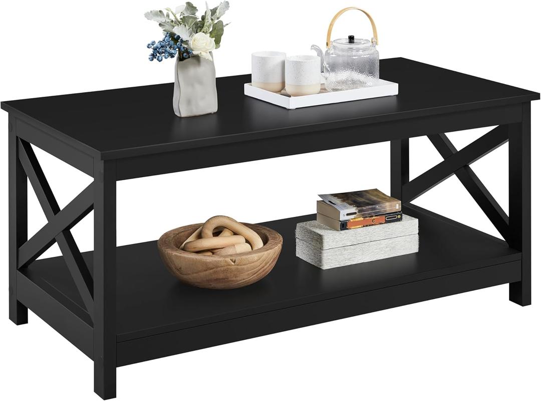 Yaheetech Wood 2-Tier Black Coffee Table with Storage Shelf for Living Room, X Design Accent Cocktail Table, Easy Assembly Home Furniture, 39.5 x 20 x 18 Inches