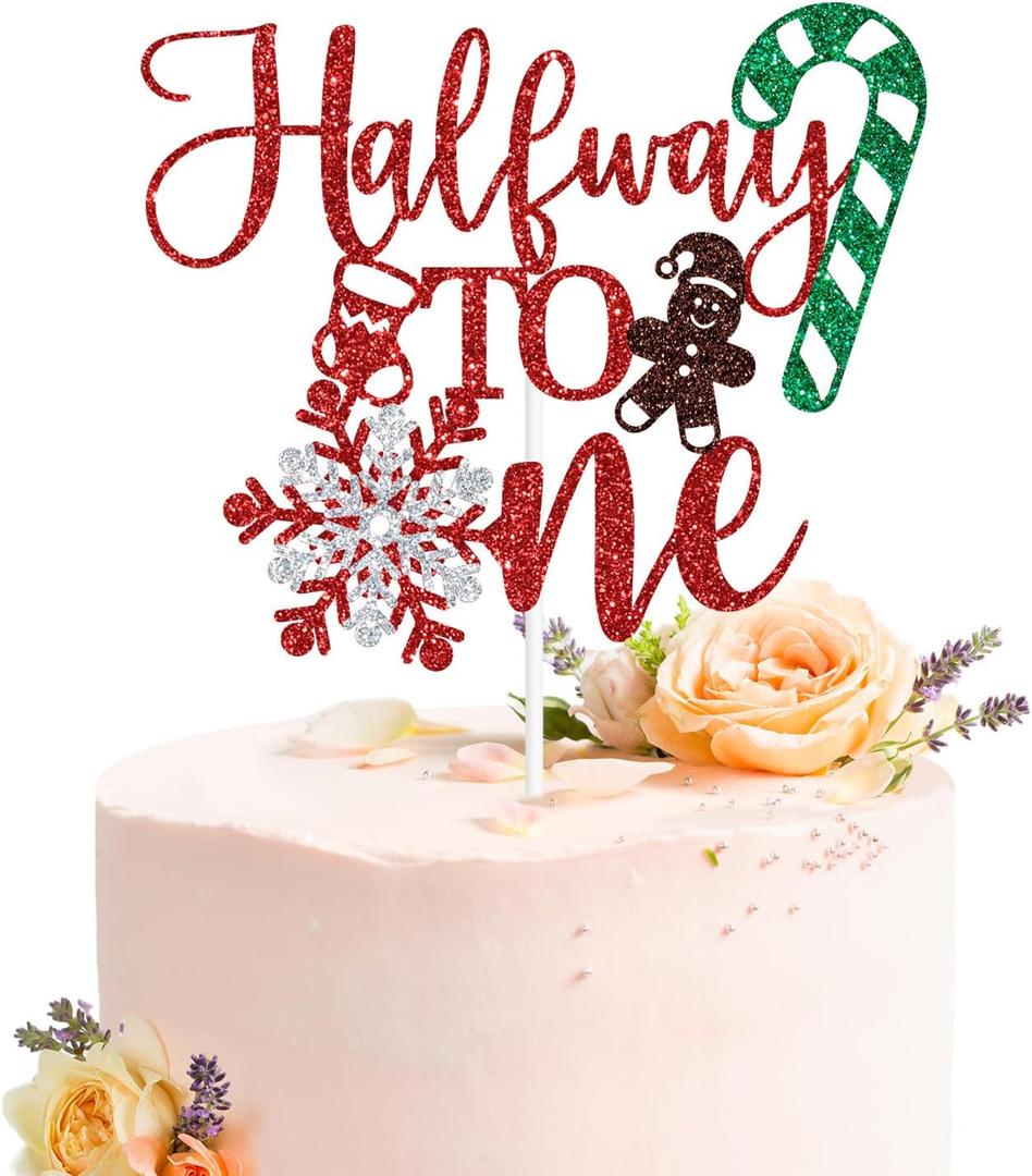 Half Way to One Cake Topper, Winter 1/2 Birthday, 1/2 Way to One, Sweet 6th Months, Snowflake Christmas Theme Half Birthday Party Decorations Red Glitter