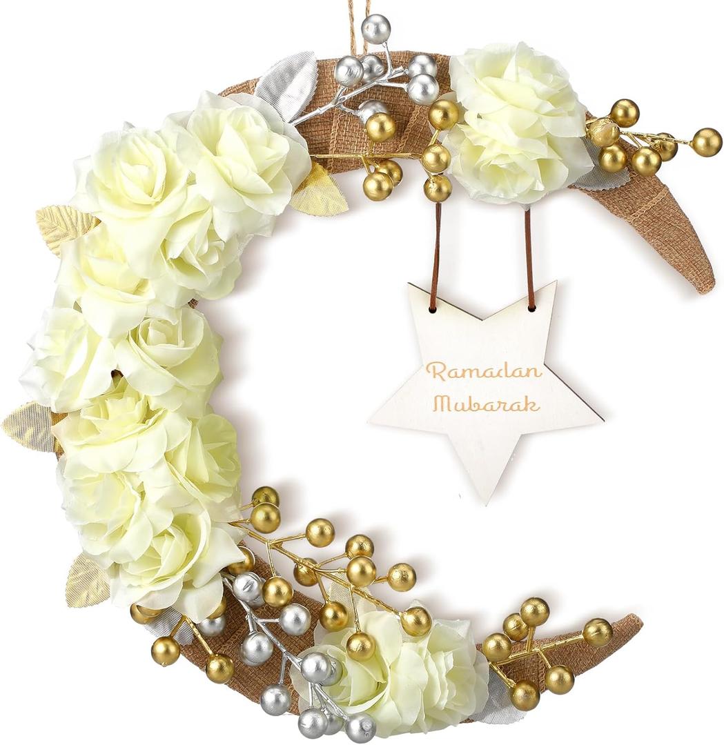 Eid Ramadan Mubarak Wreaths Ramadan Decorations for Home Front Door Eid Decor Round Metal Hoop Floral Hanging Garland for Wall Window Indoors Outdoor Farmhouse Decor