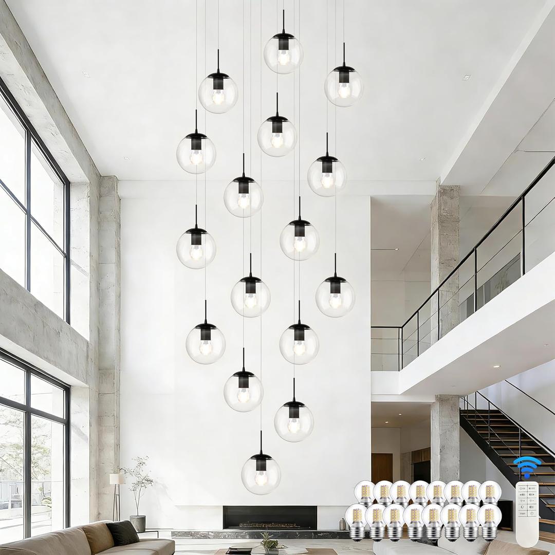 KoKo&Yukina 16-Light Black Mid Century Modern Chandelier for Living Room Staircase Chandelier for Entryway Clear Globe Glass Chandelier High Ceiling Chandeliers Foyer Entryway (Bulb & Remote Incl.)