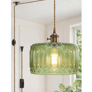 Vintage Green Glass Plug in Pendant Light with Long Cord and Switch,Retro Hanging Lamp No Hardwire Needed,Renter Friendly Swag Lighting for Kitchen Sink,Island,Reading Corner,Bedroom(NO BULB)