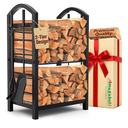AMAGABELI GARDEN & HOME Firewood Rack Indoor with Tools 5Piece Fireplace Tools Set Wood Holder Outdoor Wrought Iron Log Holder Firewood Storage Rack for Fireplace,Fire Pit,Wood Stove Black