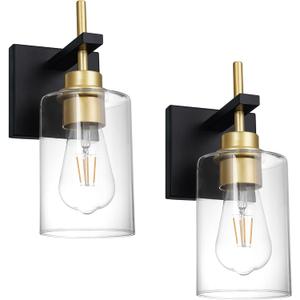 DSMJFU Hardwired Black and Gold Wall Sconces Set of Two, Sconce Wall Lighting Set of 2,Modern Glass Bathroom Wall Light, Wall Mounted Light for Bedroom Living Room Hallway (Clear)