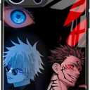 Anime Case for iPhone 16 Pro Max, Glossy Glass Manga Cover, Black Soft Silicone Bumper, Unique Creative Japanese Art Shell (Satoru and Sukuna)