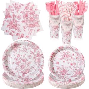 Yungyan 218 Pcs Floral Party Plates Pink and White Tableware Set Disposable Wildflower Paper Plates and Cups and Napkins Tea Party Supplies for Wedding Bridal Shower Birthday Baby Shower