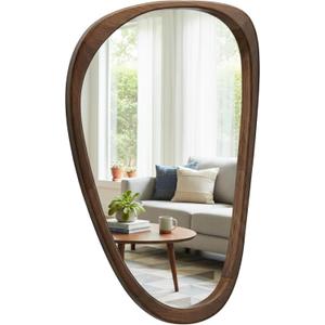 Solid Wood 36"x24" Retro Mid-Century Asymmetrical Wall Mirror, Irregular Wooden Wall-Mounted Mirror, Sculptural Bathroom Vanity Mirror for Living Room & Sideboard, Dark Walnut