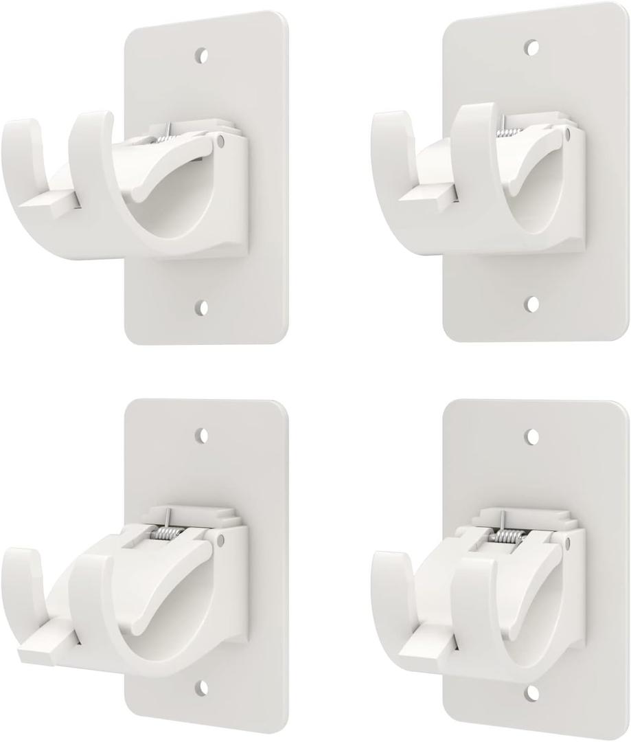 4PCS No Drill Curtain Brackets, Self-Adhesive Rod Holders, Universal Plastic Nail Free Adjustable, Curtain Hooks for Rods Less Than 1.57 Inch Diameter (White)