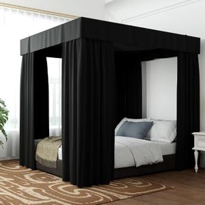 Hvqic Black Canopy Bed Drapes - 4 Corner Post Canopy Queen Bedroom Decoration (Queen, Black)