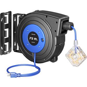 DEWENWILS Extension Cord Reel, 75FT Retractable Extension Cord Reel, Twist-lock Stopper, 14/3C SJTOW, 6 Grounded Outlets, 10A Circuit Breaker, Heavy Duty Power Cord, ETL Listed (Blue)