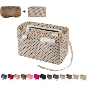 ZTUJO Purse Organizer Insert, Felt Bag Organizer with Metal Zipper, Handbag & Tote Shaper, For Speedy Neverfull Tote, 7 Sizes (Slender Large, Brown polka dots Beige)