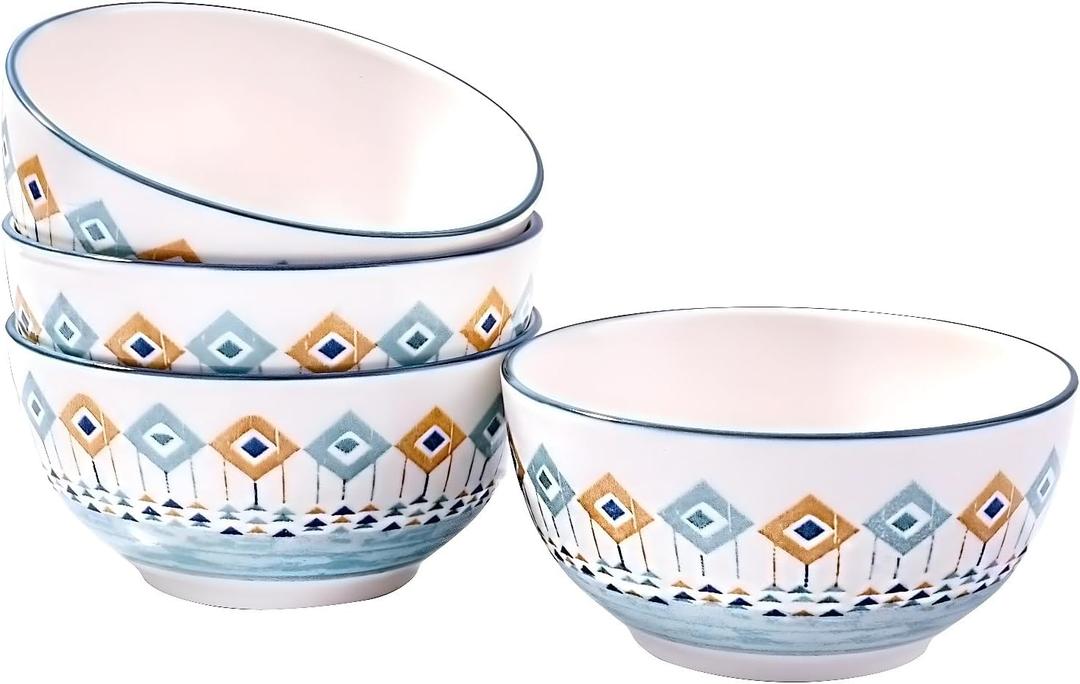 4.5 Inch Ceramic Bowl Set of 4, Geometric Pattern Tableware, Scandinavian Style Tableware, Underglaze, High Temperature Firing (os)