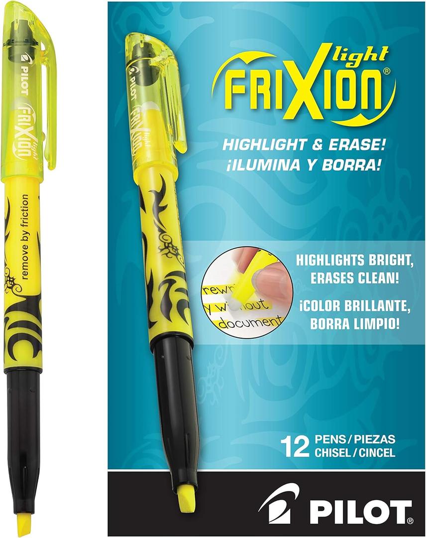 Pilot FriXion Light Erasable Highlighters, Chisel Tip, Pack of 12, Yellow Solid Highlighters - Ideal for School, Journaling, and Office Use