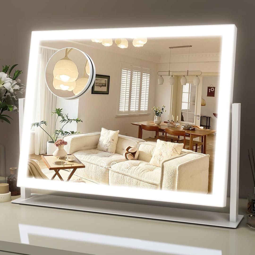 Lighted Makeup Mirror, 16.3"x12.6" Hollywood Vanity Mirror with Lights, 10X Magnification, 3 Color Lighting Modes, Smart Touch Control, 360 Rotation for Bedroom or Tabletop (White)