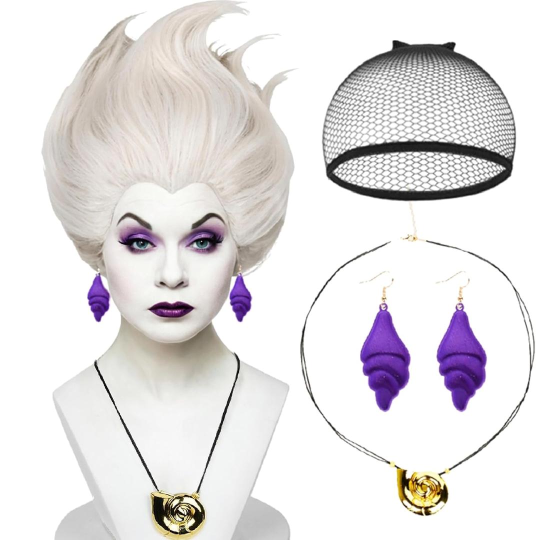 Wiggy Mermaid Sea Witch Wig+Shell Necklace+Earrings Accessories for Women Wicked Undersea Witch Cosplay, Short Silver White Grey Layered Crazy Wig+Cap for Halloween Costume Cosplay