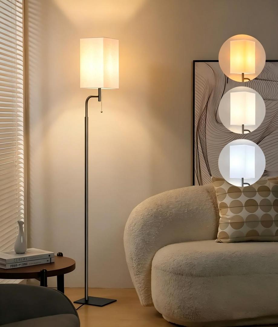 Modern Floor Lamp with 3 Color Temperatures, Square Linen Shade & Solid Iron Flat Base for Stability - Perfect for Compact Spaces Under Sofas or Behind Sectionals, Living Room, Bedroom, Office (White)